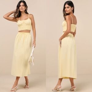 Lulus Delightful Yellow Two-Piece Midi Dress L Summer Vacation Festival Party
